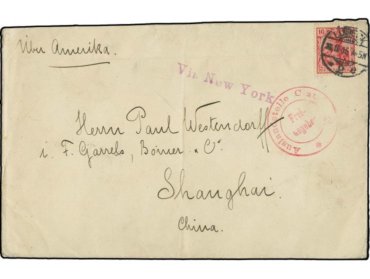 10 Pfg. Germania mit Stempel "LÜBECK 17.10.16" auf Brief mit Leitstempel "Via New York" und dt. Zensurstempel nach Shanghai m
