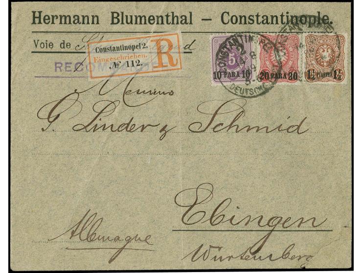 10 Para auf 5 Pfg violettpurpur, 20 Para auf 10 Pfg. dunkelrosarot und 1 1/2 Pia. auf 25 Pfg. orangebraun je mit Stempel "CON