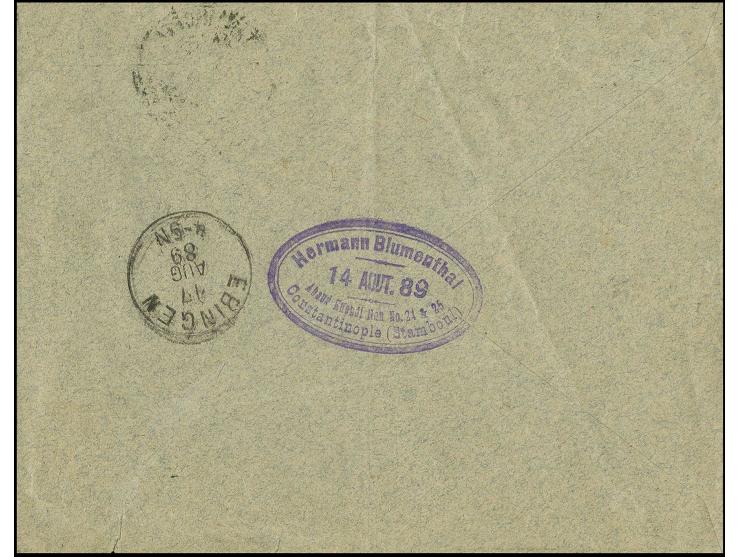 10 Para auf 5 Pfg violettpurpur, 20 Para auf 10 Pfg. dunkelrosarot und 1 1/2 Pia. auf 25 Pfg. orangebraun je mit Stempel "CON