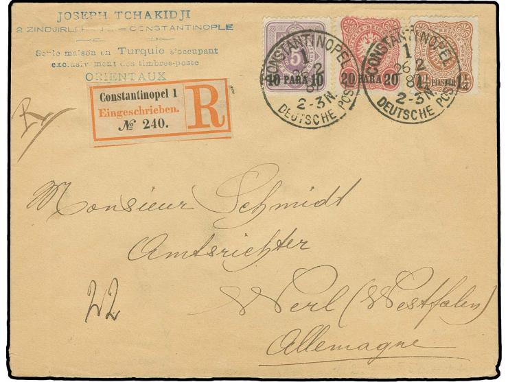 1884, 1¼ Pia., 10 Pa. und 20 Pa. auf R-Brief von "CONSTANTINOPEL 1 26 2 87" nach Werl mit Ankunftsstempel