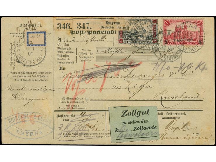 5 Pia. auf 1 M. rot und 15 Pia. auf 3 M., Type II, je mit Stempel "SMYRNA 18.01.01" auf kpl. Paketkarte für 2 Pakete via Trie