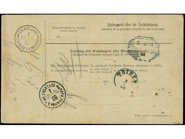 5 Pia. auf 1 M. rot und 15 Pia. auf 3 M., Type II, je mit Stempel "SMYRNA 18.01.01" auf kpl. Paketkarte für 2 Pakete via Trie