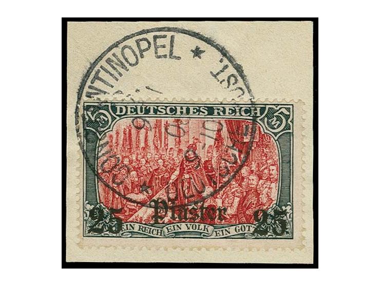 25 Pia. auf 5 M. gestempelt "CONSTANTINOPEL 9/1 06" auf Briefstück, Fotokurzbefund Hollmann BPP
