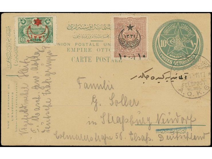"A.O.K. 6 19.1.17", klar auf türkischer Ganzsachenkarte mit Zufrankatur (Formblatt) mit kpl. Absender "....Deutsche Irakgrupp