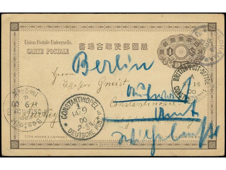 "CONSTANTINOPLE 1a 14/9 00" als Transitstempel auf japanischer Ganzsachenkarte 4 S. von Yokohama nach Konstantinopel mit Anku