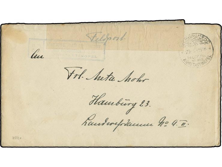 "FELDPOST MIL. MISS. KONSTANTINOPEL 23-9-1916" auf zensiertem Feldpost-Brief mit nebengesetztem blauen Ra3 "SB / STAB DES BEV