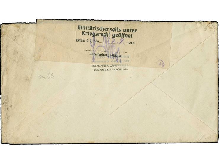 "FELDPOST MIL. MISS. KONSTANTINOPEL 23-9-1916" auf zensiertem Feldpost-Brief mit nebengesetztem blauen Ra3 "SB / STAB DES BEV