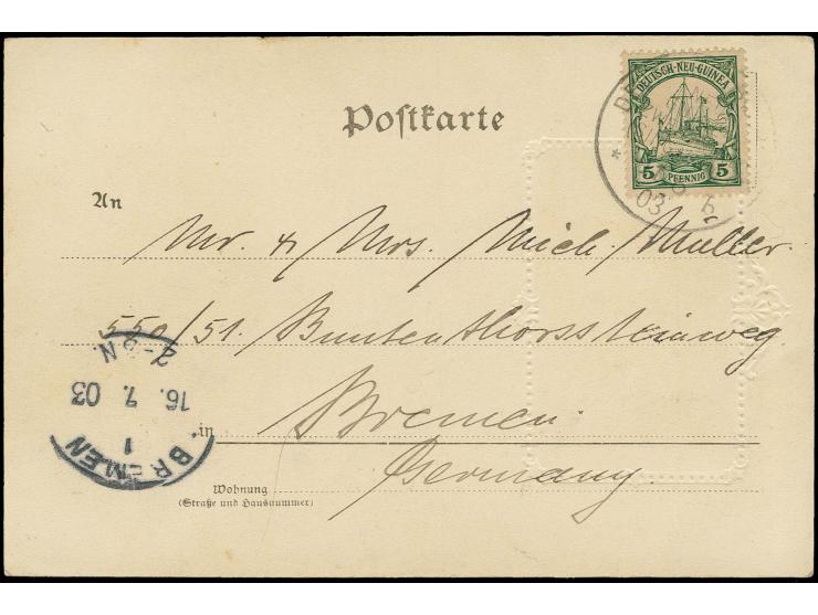 "DSP NEU-GUINEA-ZWEIGLINIE (SINGAPORE) b 11.06.03" (D. Stettin), recht klar auf bedarfsgebrauchter AK "Gruss aus DNG" mit Dat