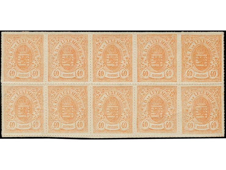 40 c. yellow-orange, horizontal block of 10, unused with original gum, 6 values unmounted mint; 2 marginal values tiny stains