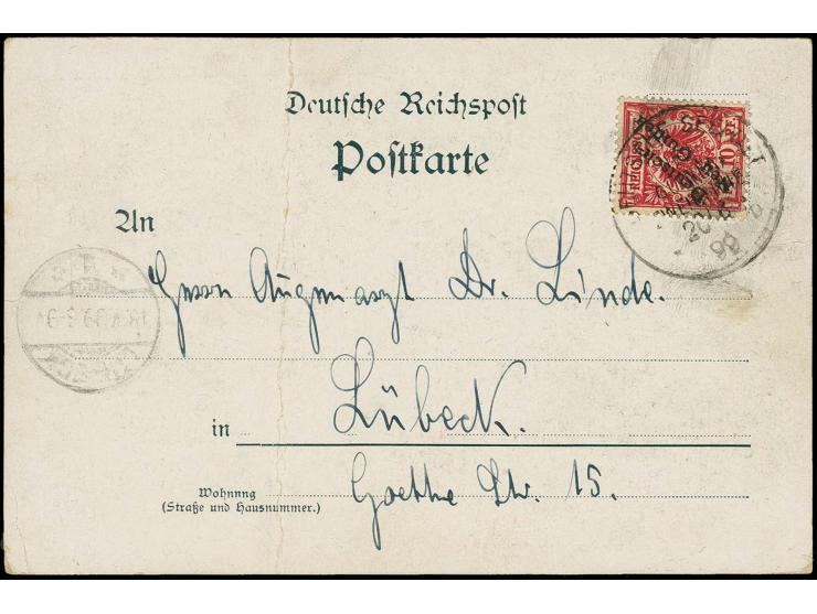 "DSP NEU-GUINEA-ZWEIGLINIE b 20.6.99" (D. Stettin), recht klar auf bedarfsgebrauchter Ansichtskarte aus Matupi mit Aufdruckau