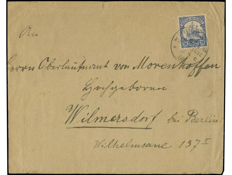 "DSP NEU-GUINEA ZWEIGLINIE c 14.6.08" (D. Prinz Waldemar), klar als Entwerter auf Bedarsfbrief mit Kaiseryacht 20 Pfg. via Ho