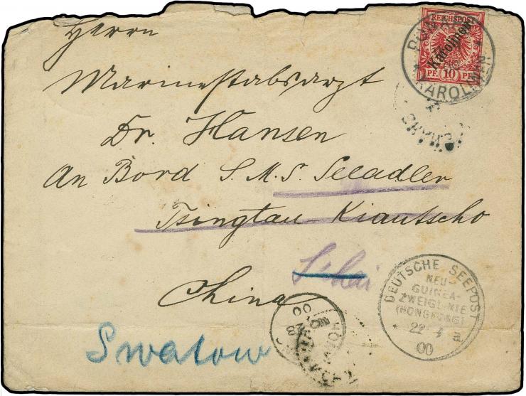 "DSP NEU-GUINEA-ZWEIGLINIE (HONGKONG) a 22.09.00" (D. München), klar als Durchgangsstempel auf Bedarfsbrief von "PONAPE KAROL
