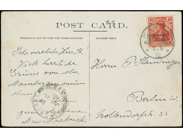 "DSP SINGAPORE-DEUTSCH-NEUGUINEA 8.6.10" (D. Manila), klar als Entwerter auf Schiffspost-AK des Dampfers mit Bedarfstext via 