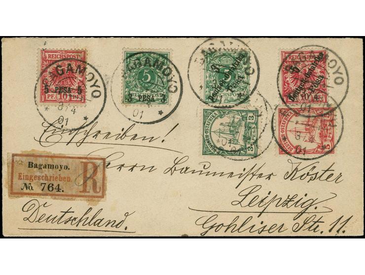 3 Pesa auf 5 Pfg. und 5 Pesa auf 10 Pfg. lebhaftrosarot in Mischfrankatur mit 2. Aufdruckausgabe 3 Pesa auf 5 Pfg. und 5 Pesa