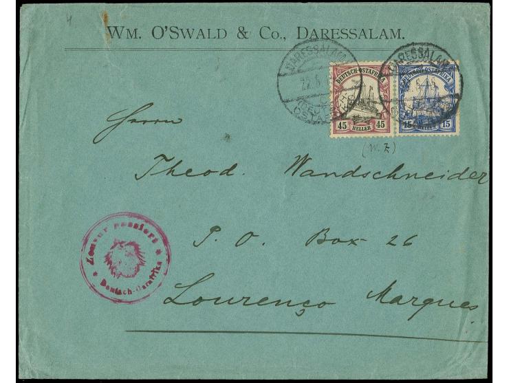 1915, Kaiseryacht 45 H. und 15 H. mit Stempel "DARESSALAM 22.6.15" auf überfrankiertem Firmen-Vordruckbrief mit rotem Zensurs