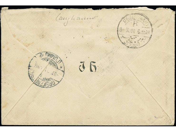 "DSP OST-AFRIKA-LINIE r 2.10.08" (D. Admiral), zweimal klar auf R-Brief mit Germania 10 Pfg. (5) und R-Zettel "Deutsche Seepo