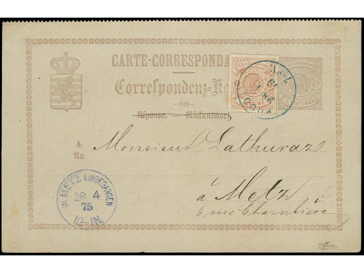 1872, 1 c. reddish-brown, tied by blue cds. "ROODT 28 1 79" to postcard 5 c. (reply cardI) to Metz with arrival mark on front