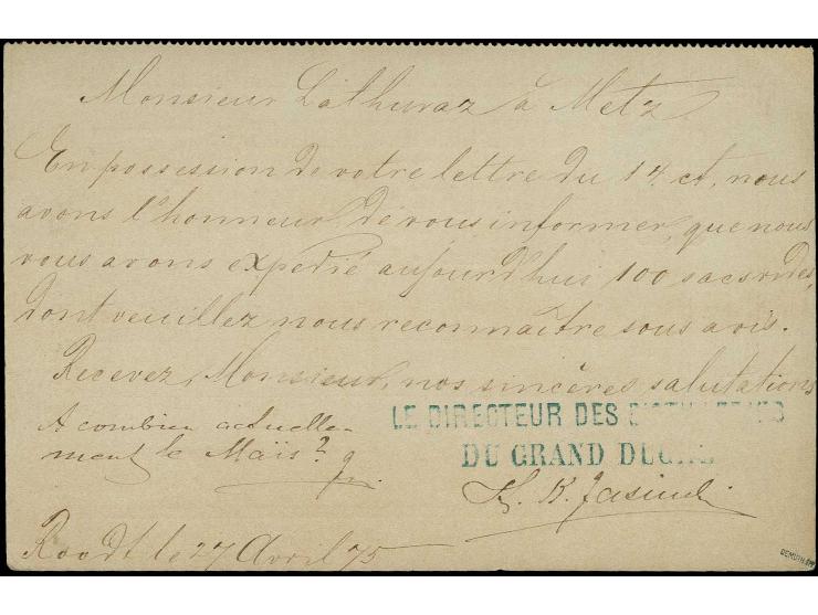 1872, 1 c. reddish-brown, tied by blue cds. "ROODT 28 1 79" to postcard 5 c. (reply cardI) to Metz with arrival mark on front