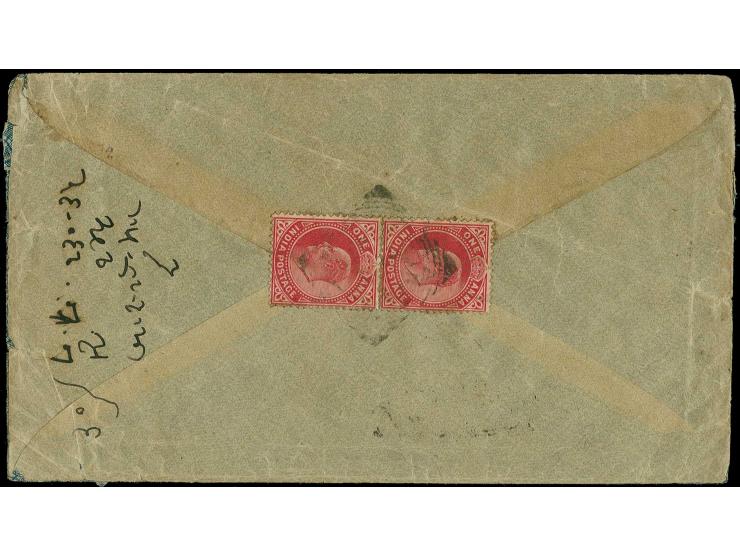 1907, Leitvermerk "Per S.S. Somali" auf Vordruckbrief mit Ra1 "PAQUEBOT2" und rückseitiger Frankatur Britisch Indien 1 A. im 