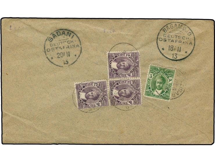 EINGEHENDE POST: 1913, R-Brief gegen Rückschein von Zanzibar mit rückseitig 12 C. violett (3) und 3 C. grün mit Stempel "ZANZ