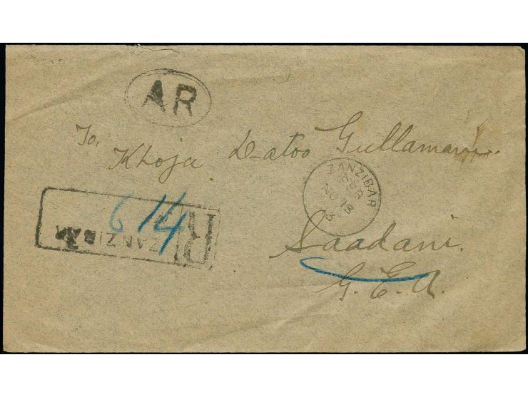 EINGEHENDE POST: 1913, R-Brief gegen Rückschein von Zanzibar mit rückseitig 12 C. violett (3) und 3 C. grün mit Stempel "ZANZ