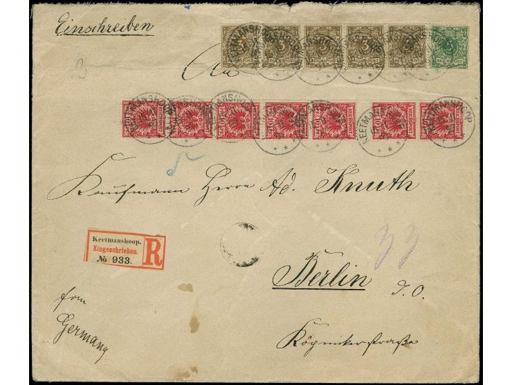 3 Pfg. mittelblau (5), 5 Pfg. opalgrün und 10 Pfg. lebhaftlilarot (zwei senkrechte 4er-Streifen, einmal mit Zwischensteg) auf