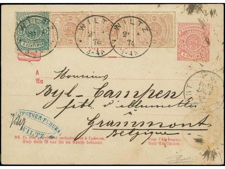 1 c. reddish-brown, vertical strip of 3 with 1875, 4 c. blue-green, tied by cds. "WILTZ 20 8 78" to postcard 6 c. rose to Bel