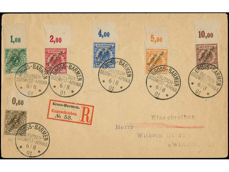 1898, 3-50 Pfg. kpl., dabei 10 Pfg. in lilarot, alle vom Oberrand mit jeweils sauberem Stempel "GROSS-BARMEN 6/8 01" auf R-Br