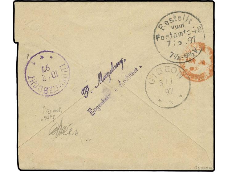 "LÜDERITZBUCHT 18.2.97", violetter EKr. klar als Durchgangsstempel rückseitig auf Brief mit Krone/Adler 10 Pfg. von "WINDHOEC