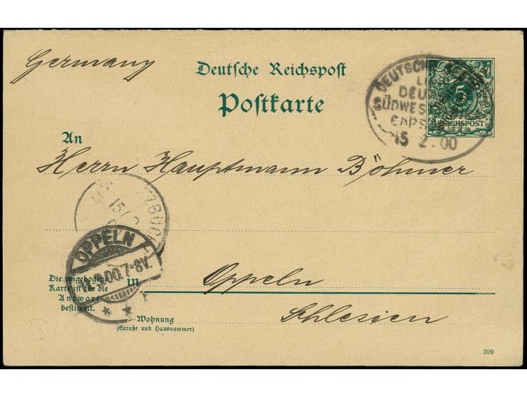"DSP LINIE DEUTSCHE-SÜDWESTAFRIKA-CAPSTADT 15.2.00" (D. Leutwein), klar auf Doppel-Ganzachenkarte 5 Pfg. via Lüderitzburg ohn