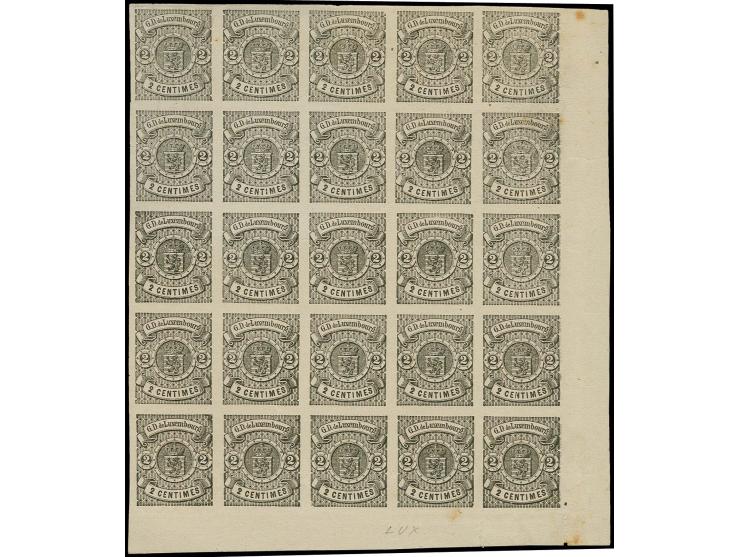 1875, perforated issued with narrow margins: 2 c., imperforated plate proof in black, block of 25 from the lower right sheet 
