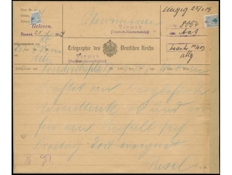 1909, Telegramm-Aufnahmeformular mit zweizeiligem Gummistempel "Tsumeb / (Deutsch-Südwestafrika)" und "Gelesen"-Stempel, hand