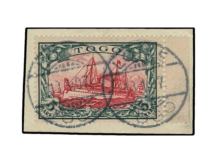 5 M. mit rechtem Bogenrand mit Stempel "LOME 13.1.07" auf Briefstück, Kabinett, u.a. sign. Engel und Fotottest Jäschke-L. BPP