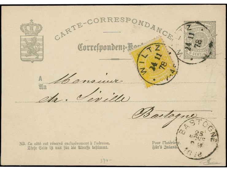 5 c. yellow, tied by cds. "WILTZ 24 11 78" to postcard 5 c. to Bastogne with arrival mark, fine, signed Goebel