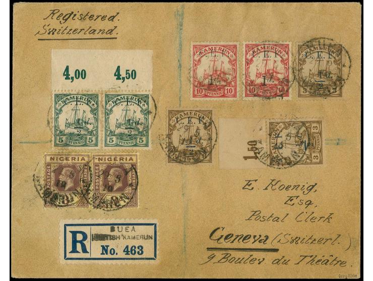 1 d. auf 10 Pfg. mit schwarzem Aufdruck, 2 Einzelwerte in Mischfrankatur mit 1/2 d. auf 3 Pfg. (3), 1/2 d. auf 5 Pfg. im waag