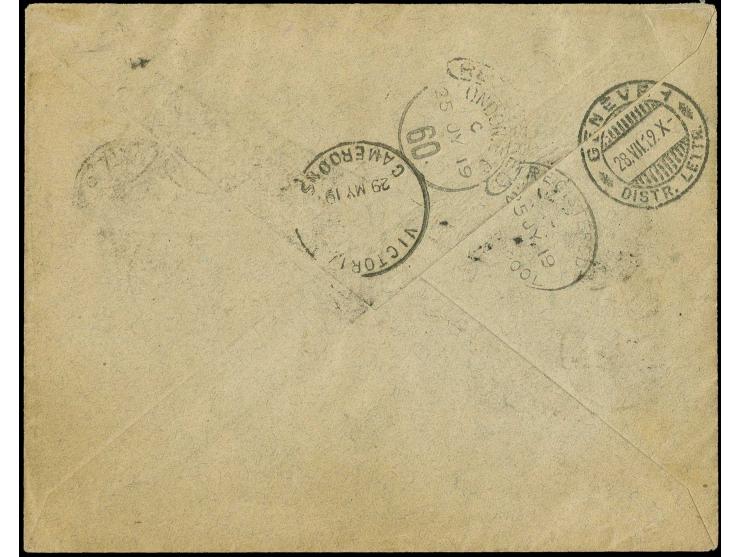 1 d. auf 10 Pfg. mit schwarzem Aufdruck, 2 Einzelwerte in Mischfrankatur mit 1/2 d. auf 3 Pfg. (3), 1/2 d. auf 5 Pfg. im waag