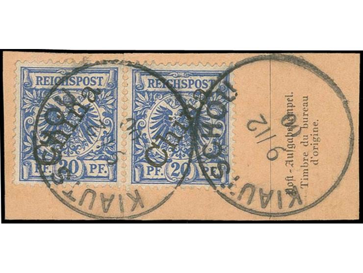 Steilaufdruck 20 Pfg., ehemaliges Paar mit 2 sauberen Abschlägen des großen Stempels "KIAUTSCHOU 9/12 00" mit Aushilfsjahresz