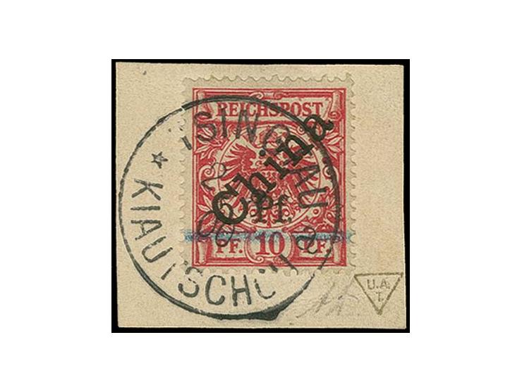 1900, 5 Pf auf 10 Pfg. mit sauberem Stempel "TSINGTAU 2/8 00" auf kleinem Briefstück, Kabinett, u.a. sign. Bothe BPP und Foto