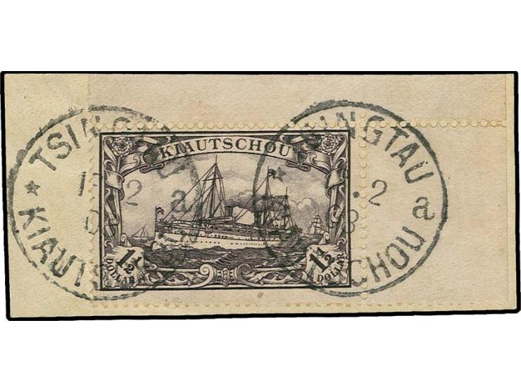 1905, 1½ $, 26:17 Zähnungslöcher, aus der rechten oberen Bogenecke, sauber mit Stempel "TSINGTAU 13.2.08" auf Briefstück, Kab