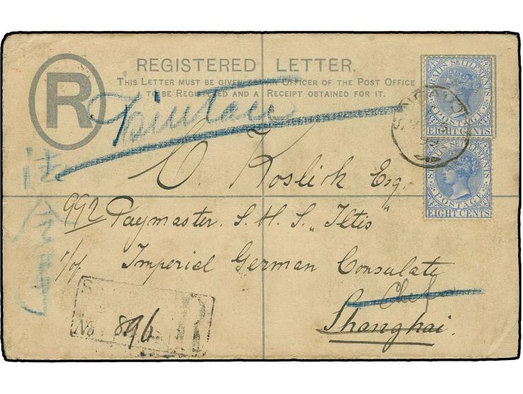 1899, Straits Settlements Ganzsachen-Umschlag 5 C. mit Zufrankatur zwei Einzelwerte 8 C. blau als R-Brief von "SINGAPORE 5.MY