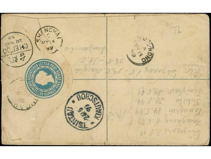 1899, Straits Settlements Ganzsachen-Umschlag 5 C. mit Zufrankatur zwei Einzelwerte 8 C. blau als R-Brief von "SINGAPORE 5.MY