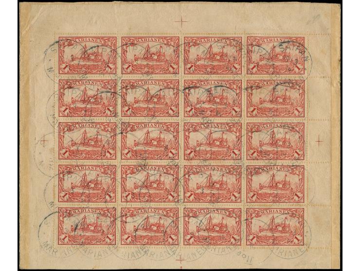 1901, 1 M.  im kpl. Bogen, gestempelt "SAIPAN 13/3 14" auf großem Briefstück, transportbedingt leichte Knitterspuren und in d