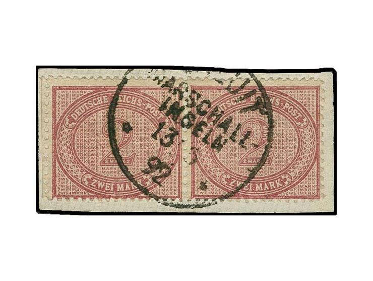2 M. dunkelrotkarmin im waagerechten Paar mit Stempel "JALUIT 13/5 92" auf Briefstück, die rechte Marke zwei stumpfe Zahnspit