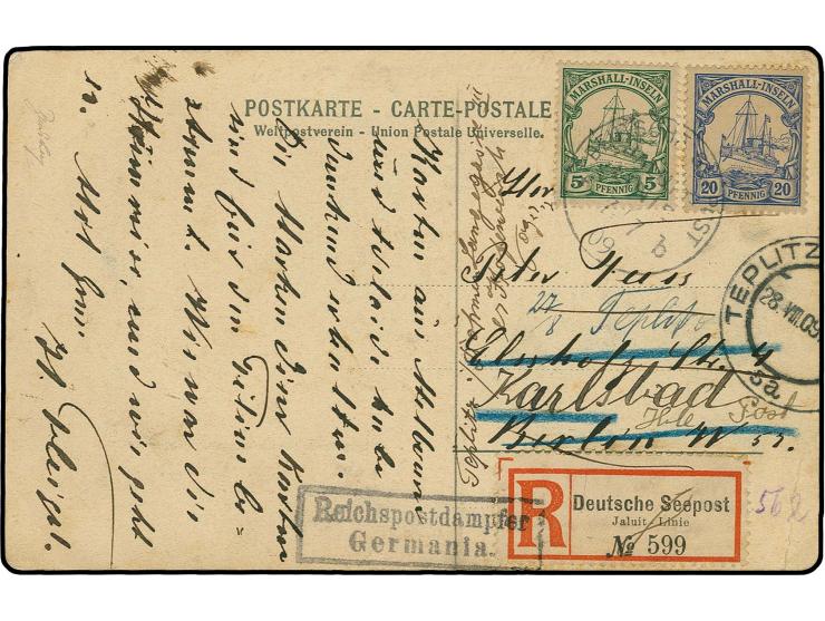 "DSP JALUIT-LINIE b 7.7.09" (D. Germania), klar als Entwerter auf R-Ansichtskarte mit Kaiseryacht 20 Pfg. und 5 Pfg., R-Zette
