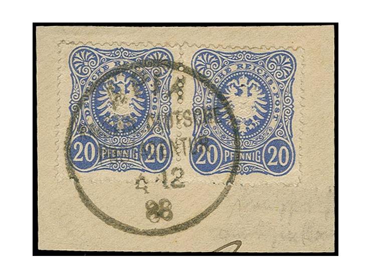 20 Pfg. mittelultramarin im waagerechtem Paar mit klarem Stempel "APIA KAISERL. DEUTSCHE POSTAGENTUR 4.12.88" auf Briefstück,