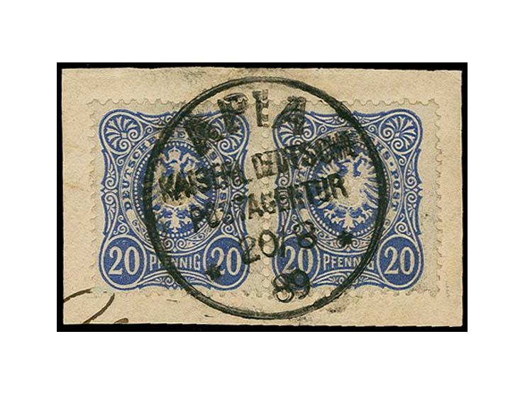 20 Pfg. mittelultramarin im waagerechtem Paar mit klarem Stempel "APIA KAISERL. DEUTSCHE POSTAGENTUR** 20.8." auf Briefstück,
