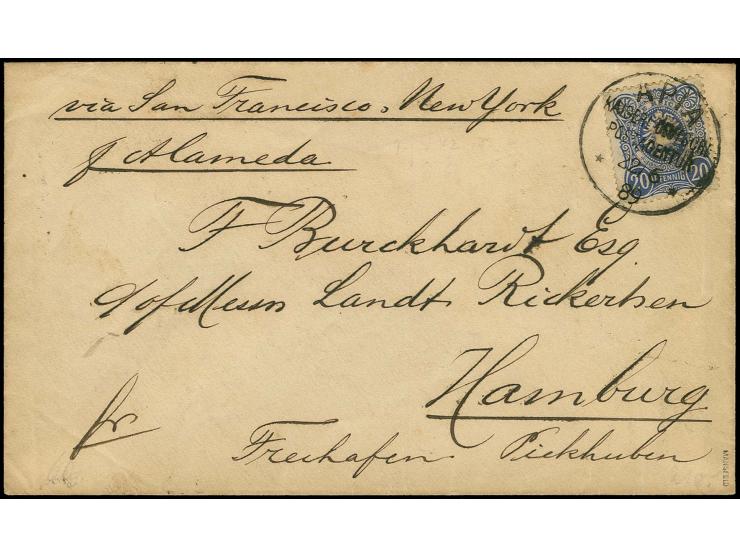 20 Pfg. mittelultramarin mit Stempel "APIA KAISERL.DEUTSCHE POSTAGENTUR ** 22.6.89" auf Brief mit Leitvermerk "via San Fransi