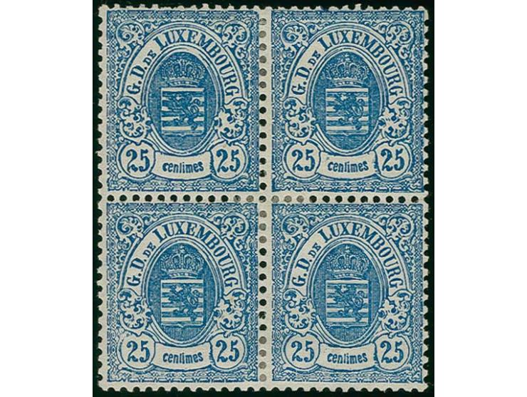 25 c. blue in block of 4, fresh colour and well perforated, unused with original gum and hinge remainders; a very scarce and 