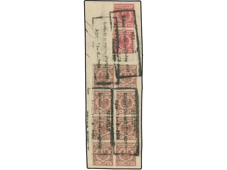 "BEZAHLT Kaiserl. Deutsche Postagentur Apia-14-8-1895" schwarzer Ra3 auf 10 Pfg. im senrechten Paar und 50 Pfg. im 8er-Block 