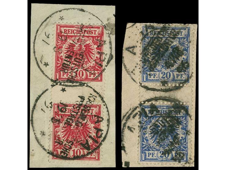 20 Pfg. violettultramarin und 10 Pfg. lebhaftlilarot, jeweils im senkrechten Zwischestegpaar mit Stempel "APIA KDPAg **" auf 